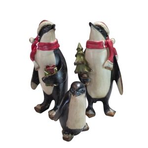 Festive Penguin Figurines with Red Scarves EUC Set Of 3